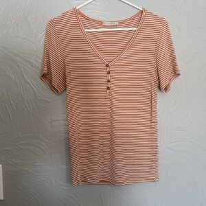 Women’s Striped V-Neck Button Detail T-shirt, large